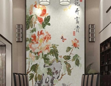 【花开富贵】新中式玉石瓷砖背景墙 餐厅玄关背景墙装饰画