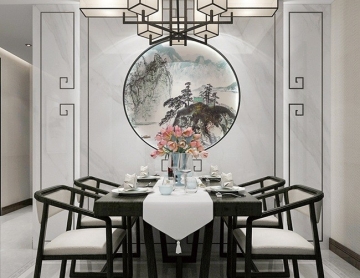 【山高水长】新中式圆形餐厅玄关背景墙岗石UV渗墨大板彩雕背景墙